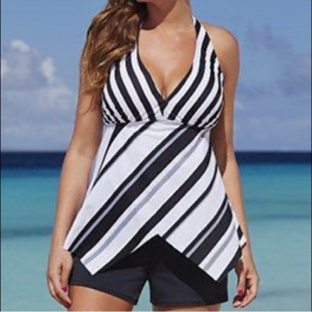 Swimsuit for All Halter Hankie Hem Striped Tankini size 20